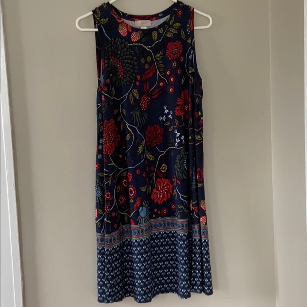 LOFT Navy Floral Sleeveless Midi Dress with Red & Green Accents